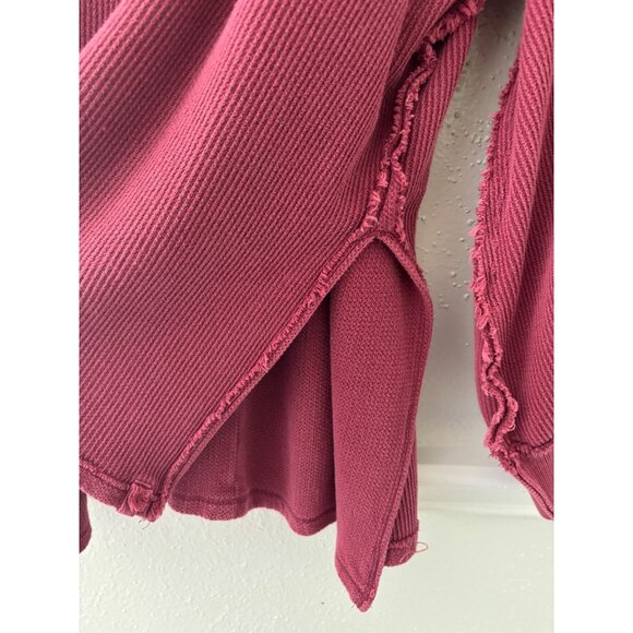 We The Free Asher Thermal Knit Oversized V-Neck Top Large Burgundy Ribbed - Picture 12 of 13